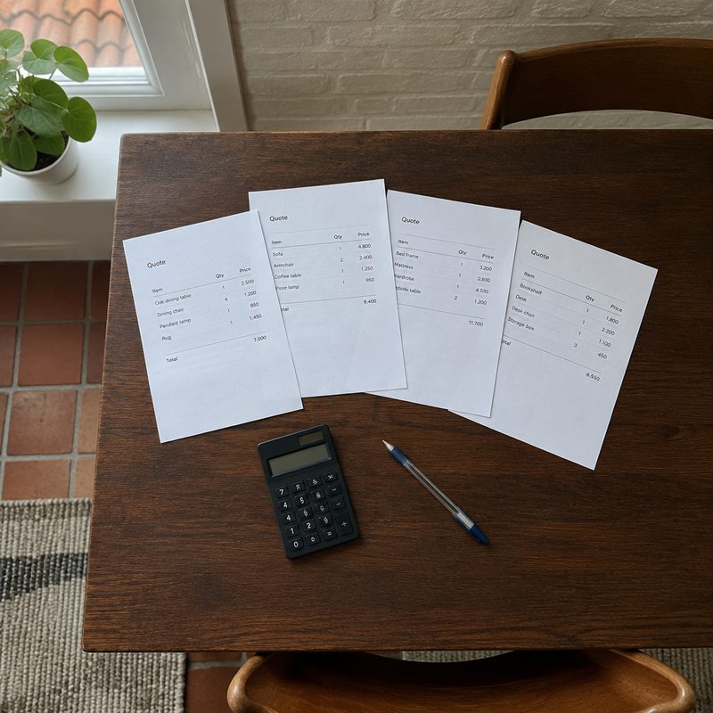 Køkkenbord med tilbud og lommeregner klar til fradragsopgørelsen
